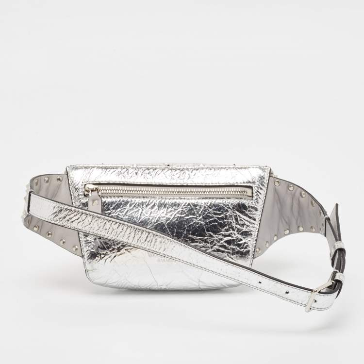 Pre Owned Valentino Silver Quilted Patent Leather Rockstud Spike Belt Bag