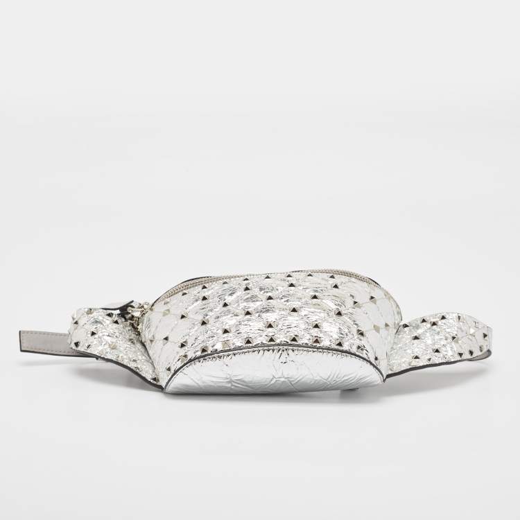 Pre Owned Valentino Silver Quilted Patent Leather Rockstud Spike Belt Bag