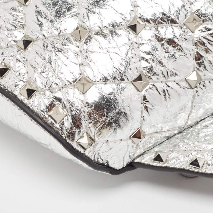 Pre Owned Valentino Silver Quilted Patent Leather Rockstud Spike Belt Bag