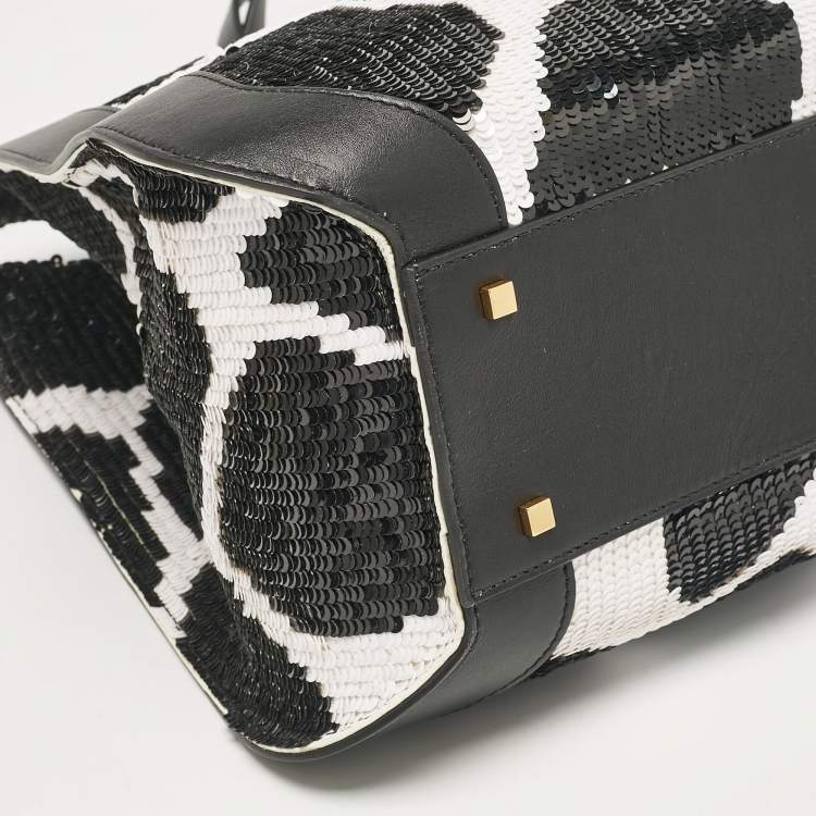Pre Owned Valentino Black/White Printed Sequins and Leather VLogo Tote