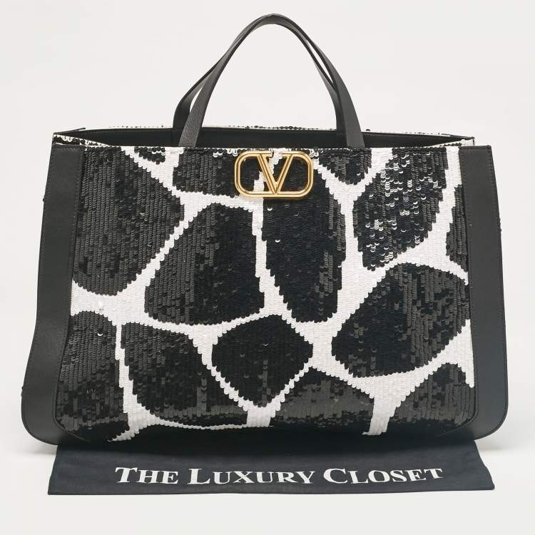Pre Owned Valentino Black/White Printed Sequins and Leather VLogo Tote