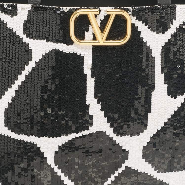 Pre Owned Valentino Black/White Printed Sequins and Leather VLogo Tote