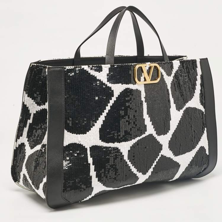 Pre Owned Valentino Black/White Printed Sequins and Leather VLogo Tote