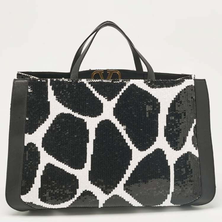 Pre Owned Valentino Black/White Printed Sequins and Leather VLogo Tote