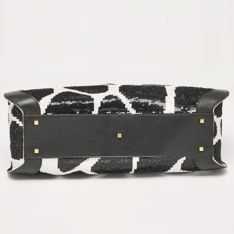 Pre Owned Valentino Black/White Printed Sequins and Leather VLogo Tote