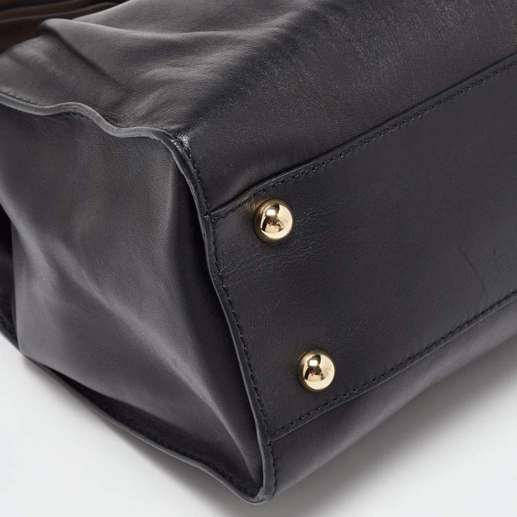 Pre Owned Valentino Black/Taupe Leather Aphrodite Bow Top Handle Bag