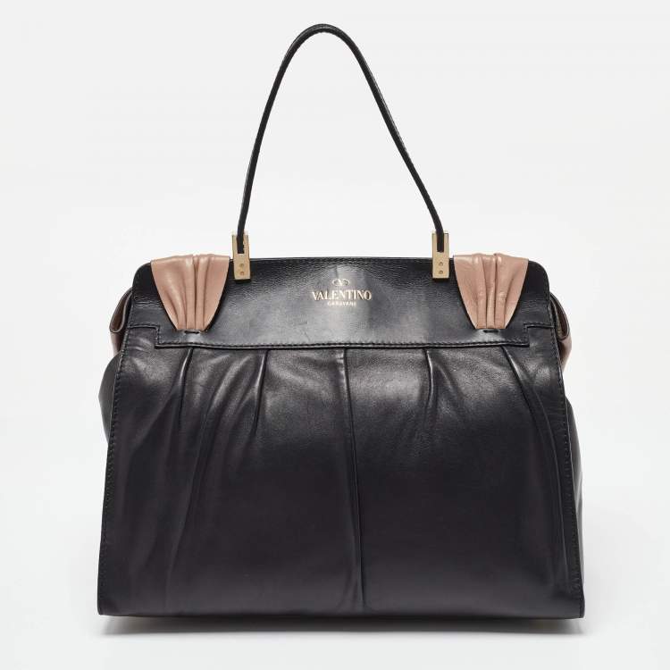 Pre Owned Valentino Black/Taupe Leather Aphrodite Bow Top Handle Bag