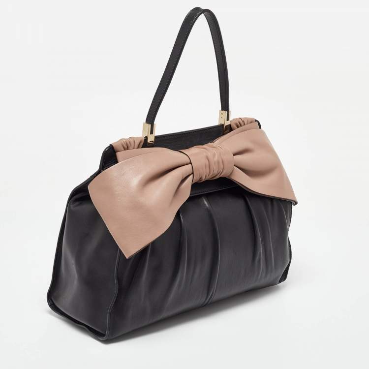 Pre Owned Valentino Black/Taupe Leather Aphrodite Bow Top Handle Bag