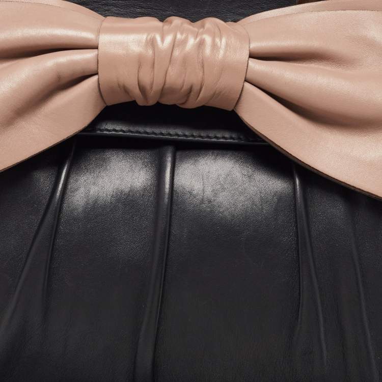 Pre Owned Valentino Black/Taupe Leather Aphrodite Bow Top Handle Bag