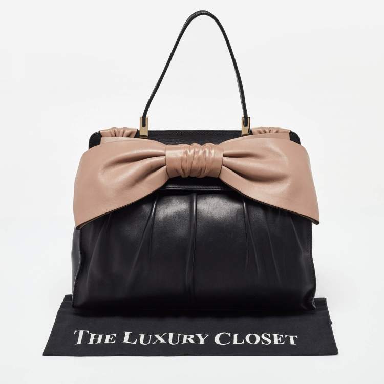 Pre Owned Valentino Black/Taupe Leather Aphrodite Bow Top Handle Bag
