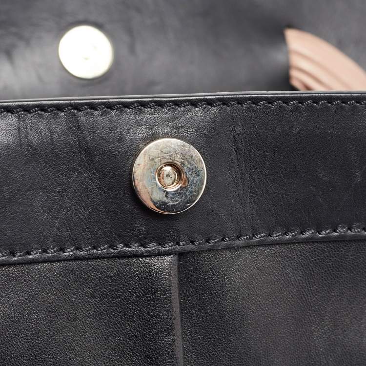 Pre Owned Valentino Black/Taupe Leather Aphrodite Bow Top Handle Bag