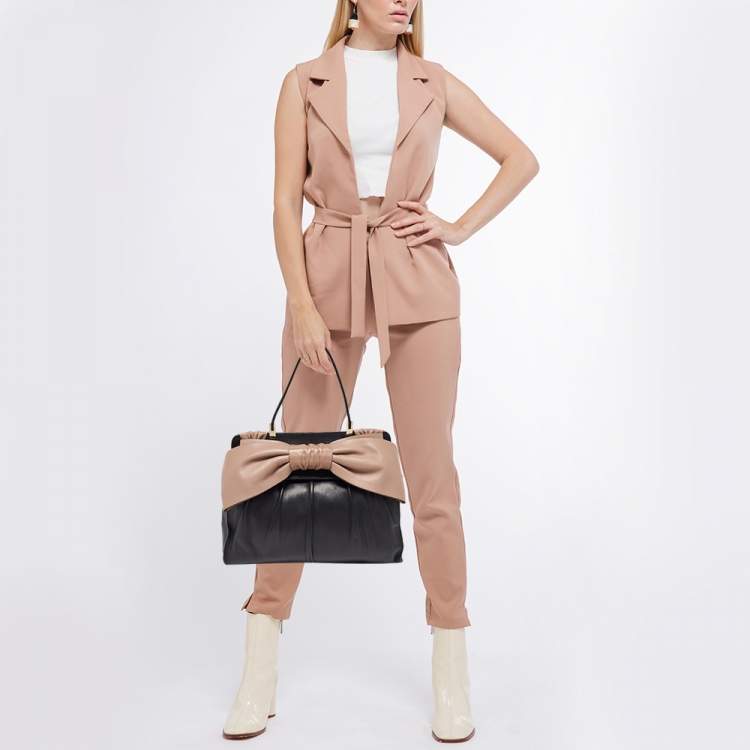 Pre Owned Valentino Black/Taupe Leather Aphrodite Bow Top Handle Bag