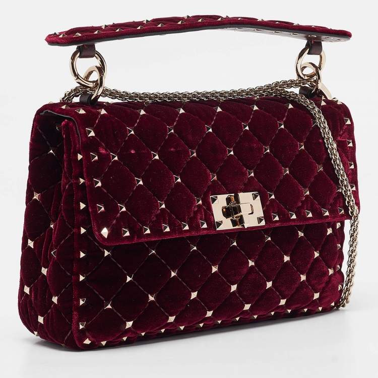 Pre Owned Valentino Burgundy Velvet Medium Rockstud Spike Top Handle Bag