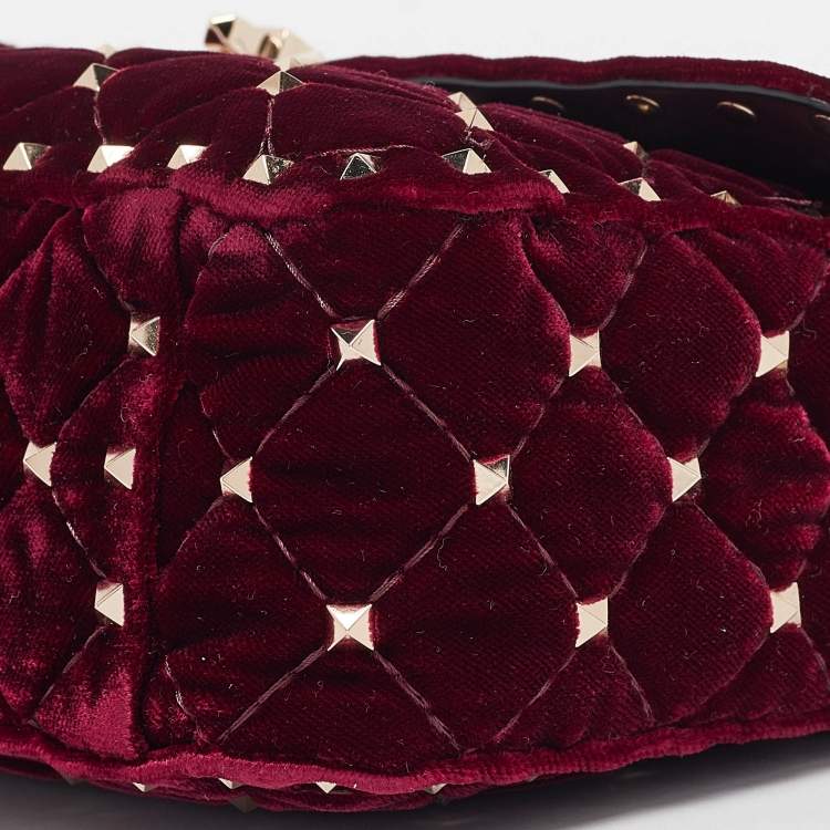 Pre Owned Valentino Burgundy Velvet Medium Rockstud Spike Top Handle Bag