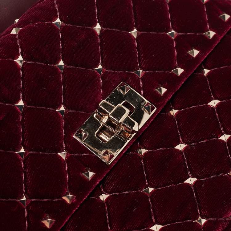 Pre Owned Valentino Burgundy Velvet Medium Rockstud Spike Top Handle Bag
