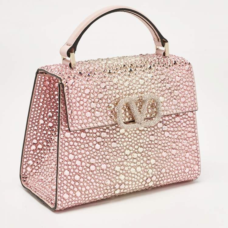 Pre Owned Valentino Pink Suede Crystals Mini VSling Top Handle Bag