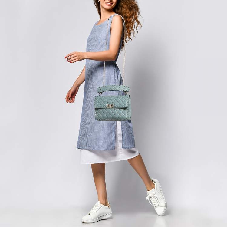 Pre Owned Valentino Light Blue Leather Medium Rockstud Spike Top Handle Bag