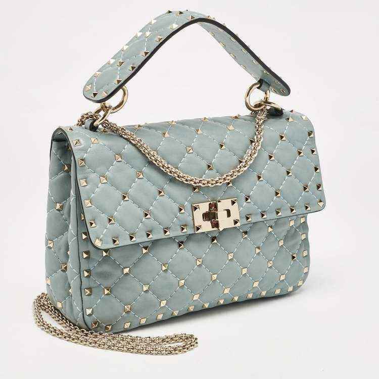 Pre Owned Valentino Light Blue Leather Medium Rockstud Spike Top Handle Bag