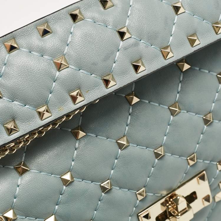 Pre Owned Valentino Light Blue Leather Medium Rockstud Spike Top Handle Bag