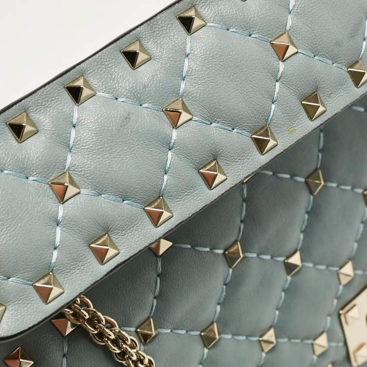 Pre Owned Valentino Light Blue Leather Medium Rockstud Spike Top Handle Bag