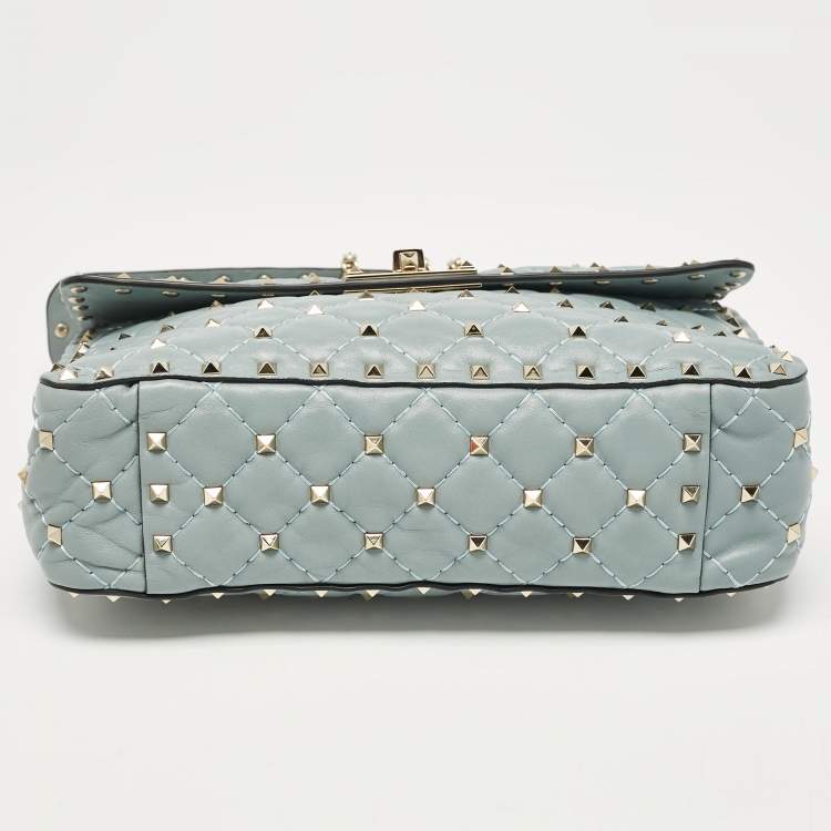 Pre Owned Valentino Light Blue Leather Medium Rockstud Spike Top Handle Bag