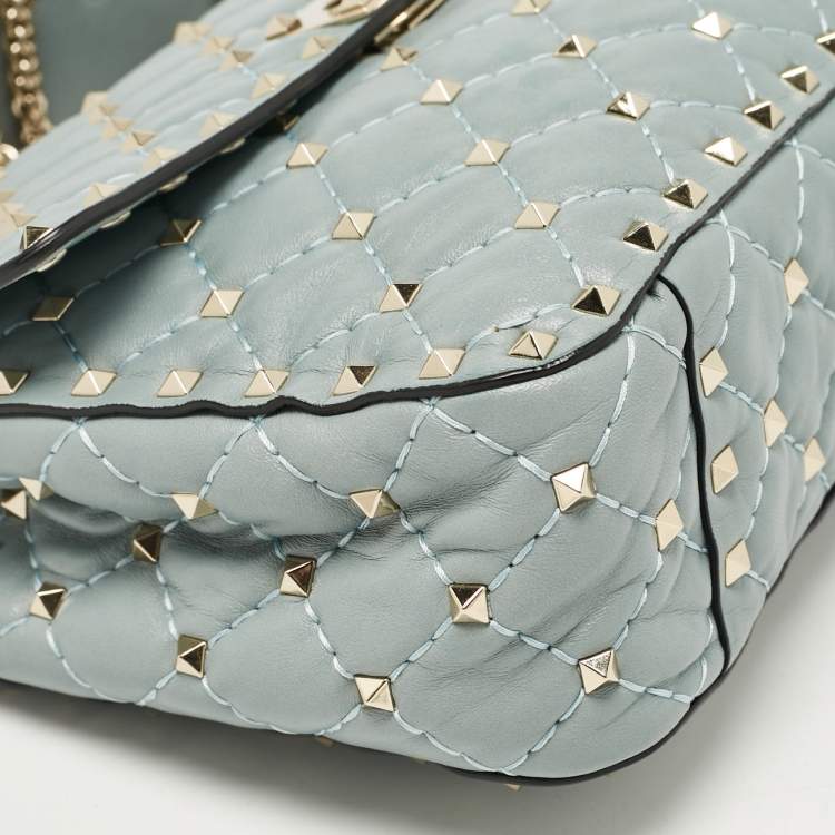 Pre Owned Valentino Light Blue Leather Medium Rockstud Spike Top Handle Bag