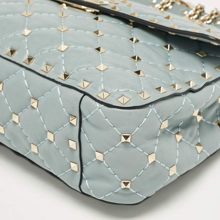 Pre Owned Valentino Light Blue Leather Medium Rockstud Spike Top Handle Bag