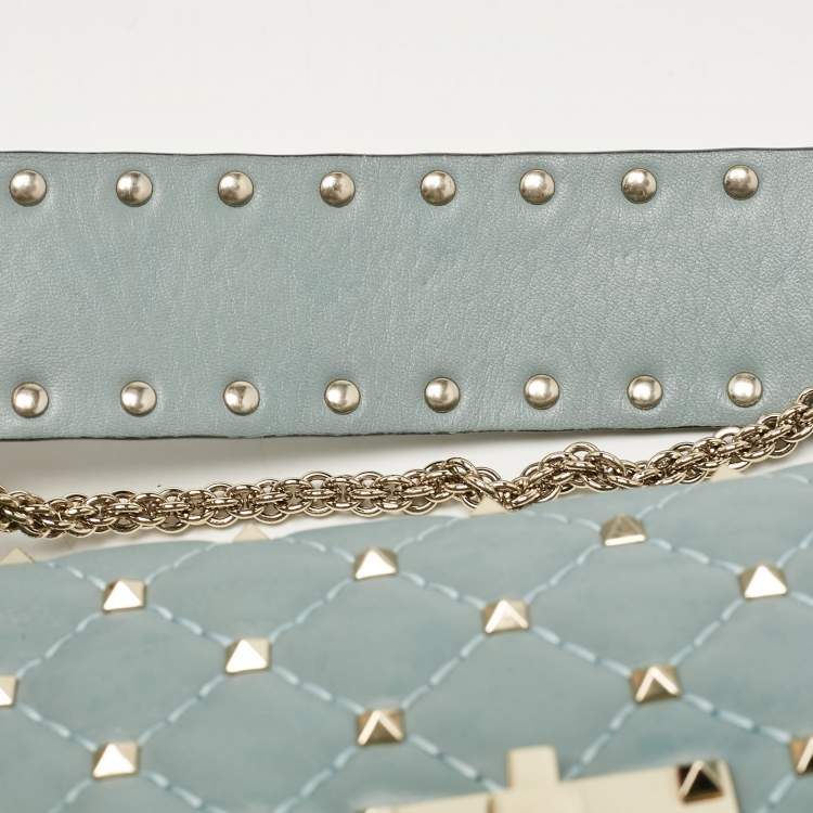 Pre Owned Valentino Light Blue Leather Medium Rockstud Spike Top Handle Bag