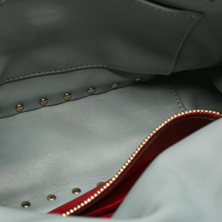 Pre Owned Valentino Light Blue Leather Medium Rockstud Spike Top Handle Bag