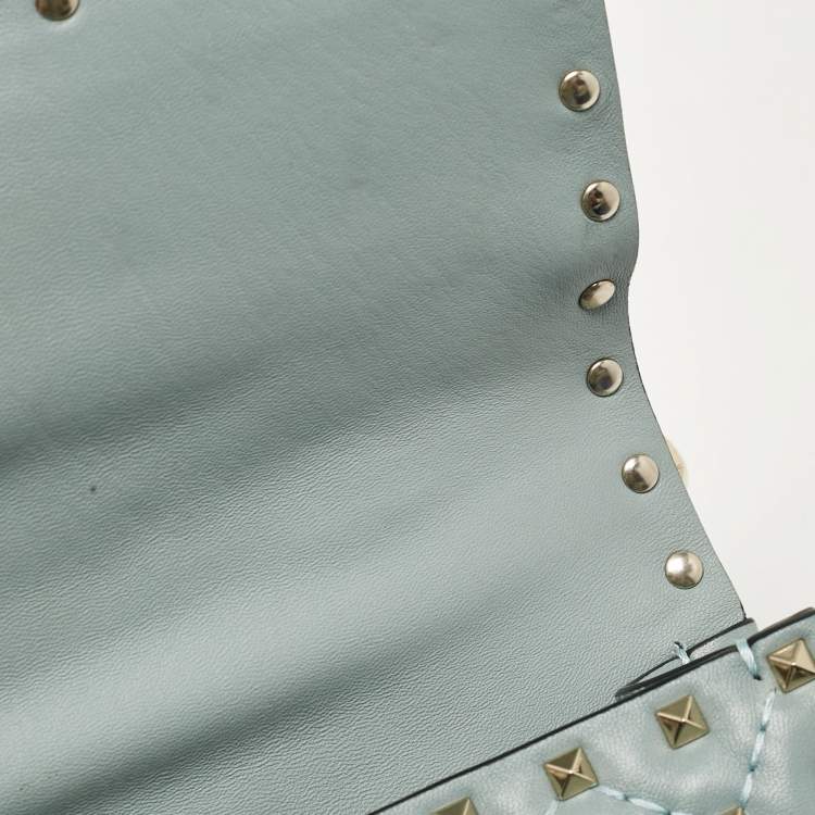 Pre Owned Valentino Light Blue Leather Medium Rockstud Spike Top Handle Bag