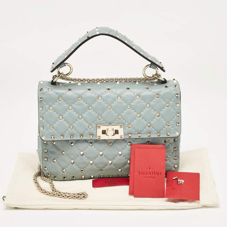 Pre Owned Valentino Light Blue Leather Medium Rockstud Spike Top Handle Bag