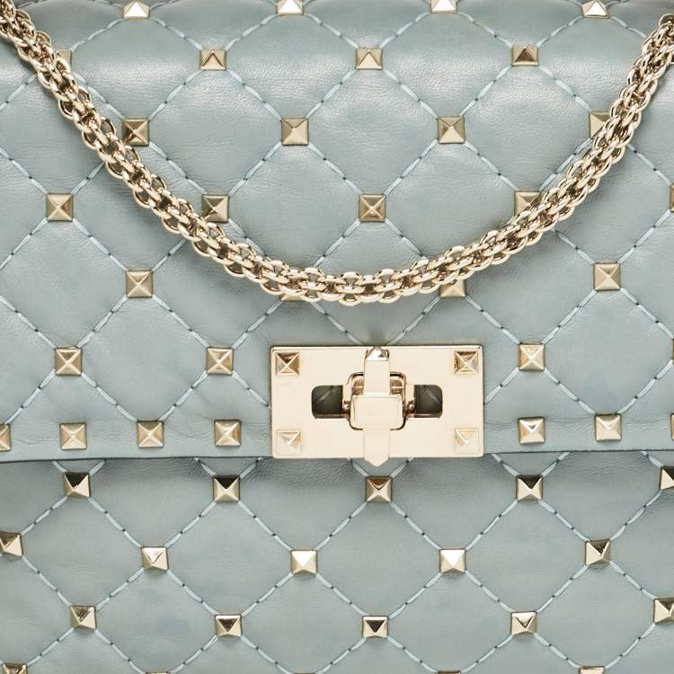 Pre Owned Valentino Light Blue Leather Medium Rockstud Spike Top Handle Bag