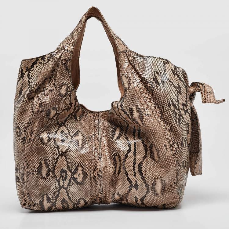 Pre Owned Valentino Beige/Brown Water Snake Bow Hobo