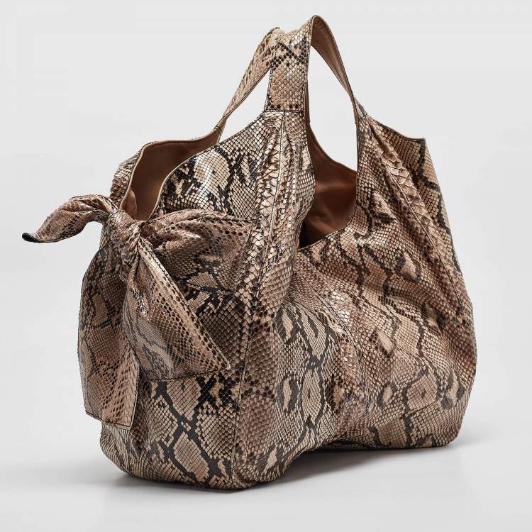 Pre Owned Valentino Beige/Brown Water Snake Bow Hobo