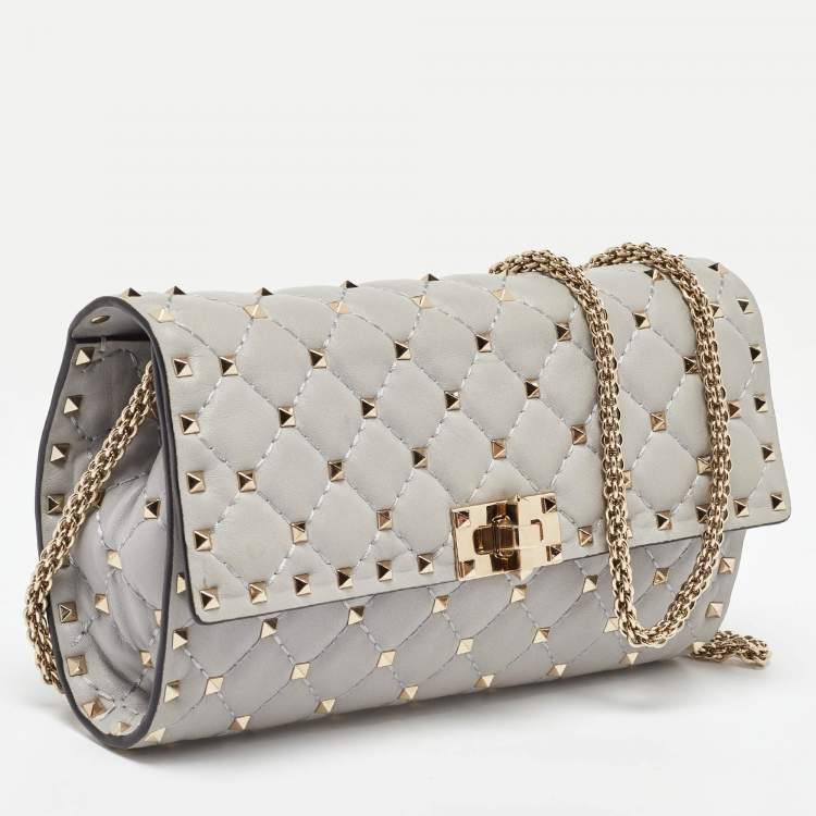 Pre Owned Valentino Grey Leather Rockstud Spike Chain Shoulder Bag