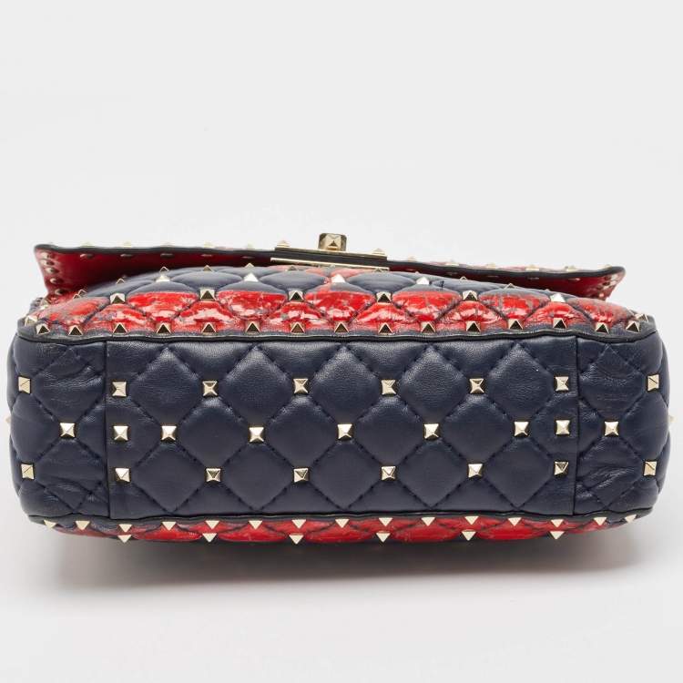 Pre Owned Valentino Blue/Red Quilted Leather Medium Rockstud Spike Heart Top Handle Bag