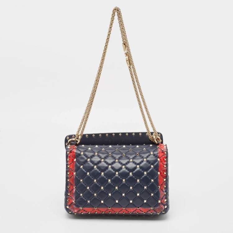Pre Owned Valentino Blue/Red Quilted Leather Medium Rockstud Spike Heart Top Handle Bag