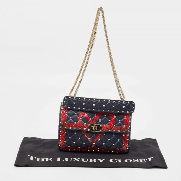 Pre Owned Valentino Blue/Red Quilted Leather Medium Rockstud Spike Heart Top Handle Bag