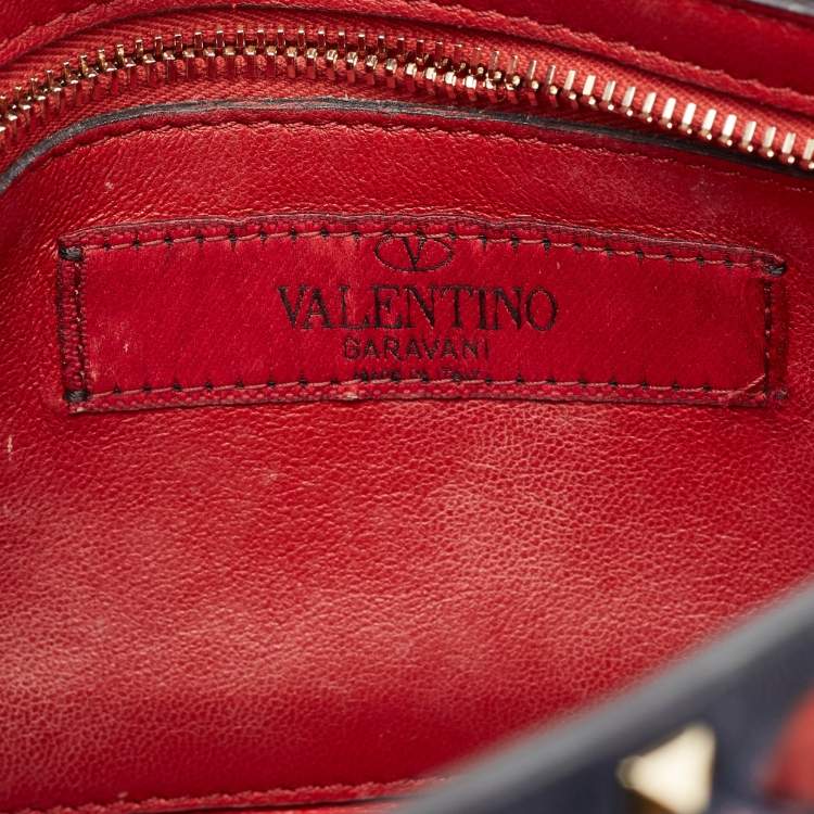 Pre Owned Valentino Blue/Red Quilted Leather Medium Rockstud Spike Heart Top Handle Bag