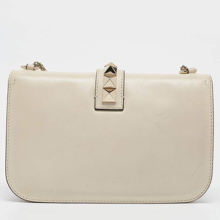 Pre Owned Valentino Off White Leather Medium Rockstud Glam Lock Flap Shoulder Bag