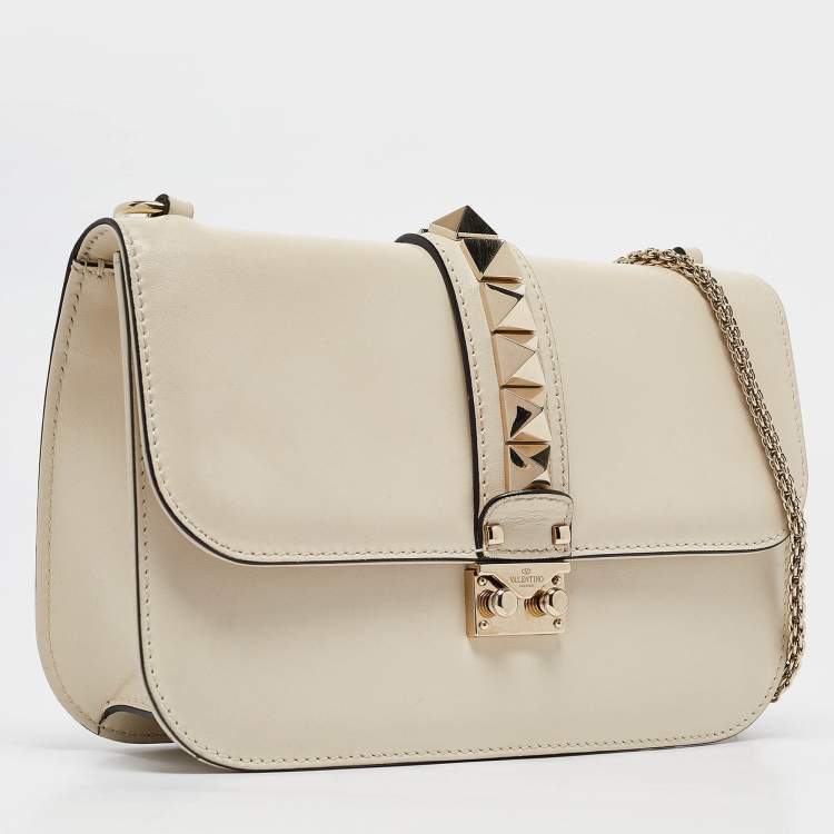 Pre Owned Valentino Off White Leather Medium Rockstud Glam Lock Flap Shoulder Bag