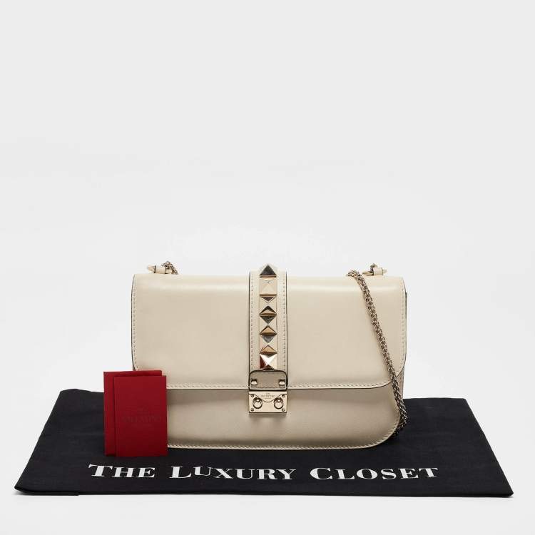 Pre Owned Valentino Off White Leather Medium Rockstud Glam Lock Flap Shoulder Bag