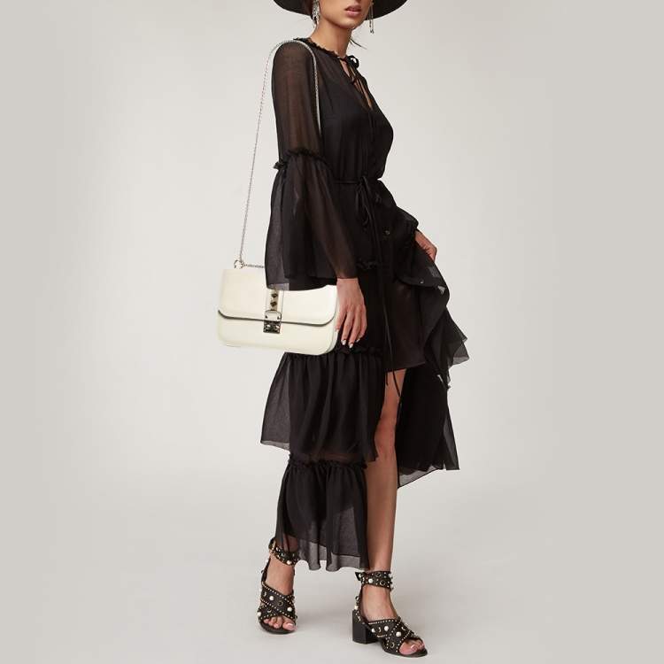 Pre Owned Valentino Off White Leather Medium Rockstud Glam Lock Flap Shoulder Bag