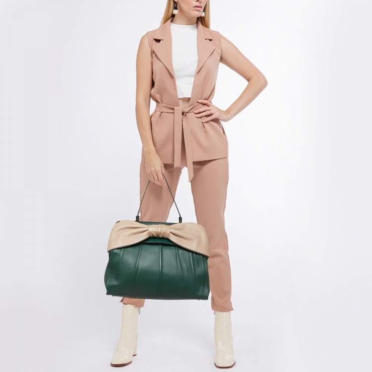 Pre Owned Valentino Green/Beige Leather Aphrodite Bow Top Handle Bag