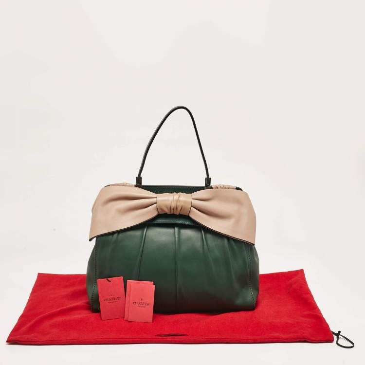 Pre Owned Valentino Green/Beige Leather Aphrodite Bow Top Handle Bag