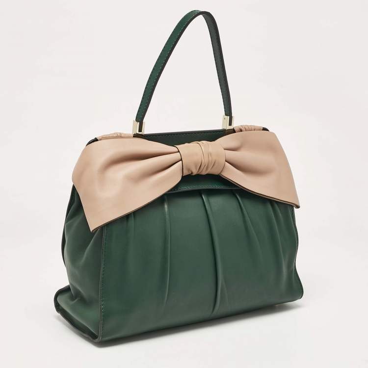Pre Owned Valentino Green/Beige Leather Aphrodite Bow Top Handle Bag