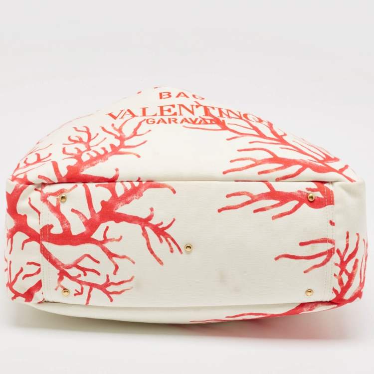 Pre Owned Valentino White/Red Printed Canvas Large Atelier Tote