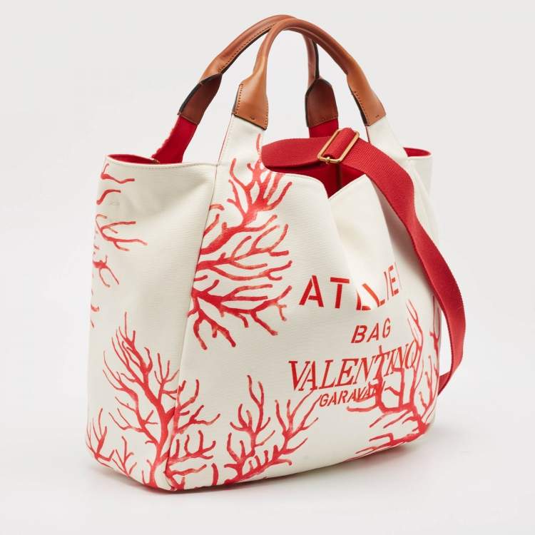 Pre Owned Valentino White/Red Printed Canvas Large Atelier Tote