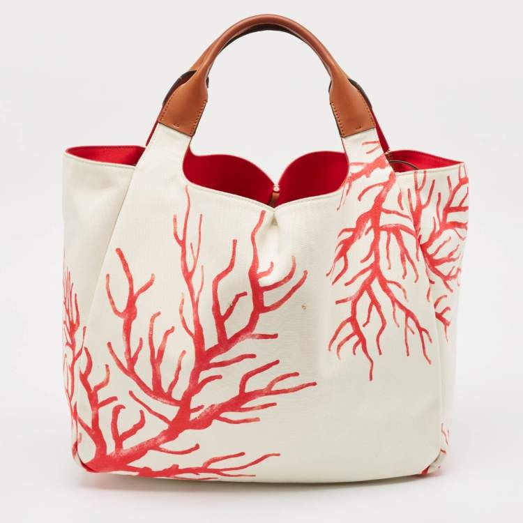 Pre Owned Valentino White/Red Printed Canvas Large Atelier Tote