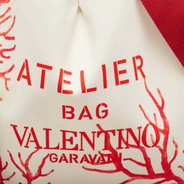 Pre Owned Valentino White/Red Printed Canvas Large Atelier Tote